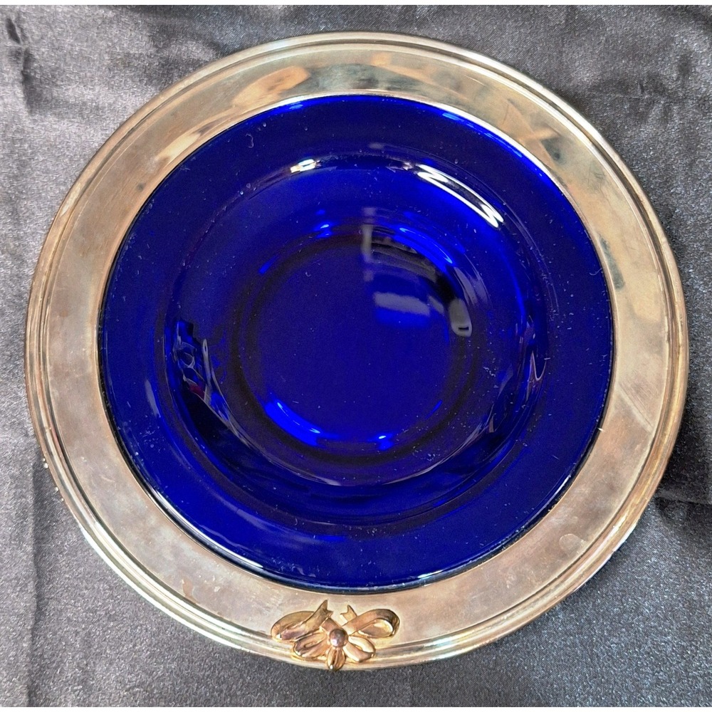 Vintage 60s MCM Cobalt Blue Glass Insert & Silver plated Torte Server Bow Accent